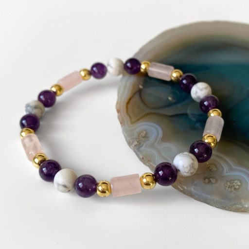 ametiszt, howlit, rózsakvarc ásványgyöngy karkötő