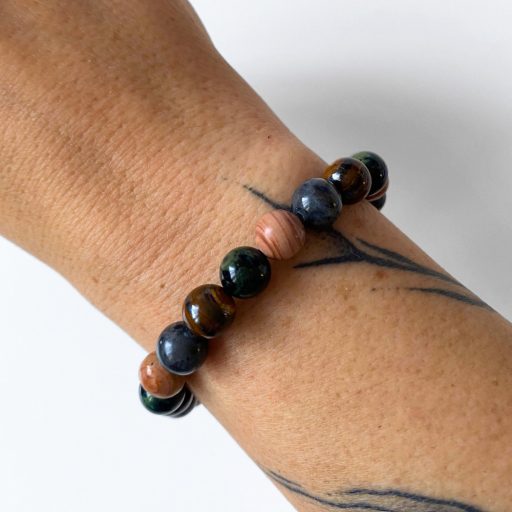  jáspis, larvikit és tigrisszem férfi ásványgyöngy karkötő