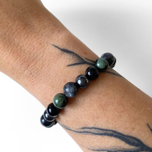 hematit, jáspis, larvikit, ónix férfi ásványgyöngy karkötő