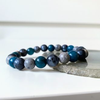 kék kvarc, larvikit, jáspis férfi ásványgyöngy karkötő