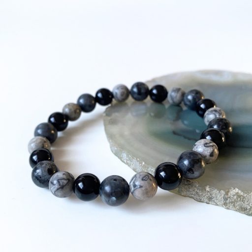 larvikit, jáspis, ónix férfi ásványgyöngy karkötő