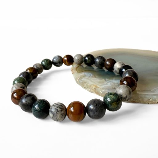 jáspis, larvikit, tigrisszem férfi ásványgyöngy karkötő