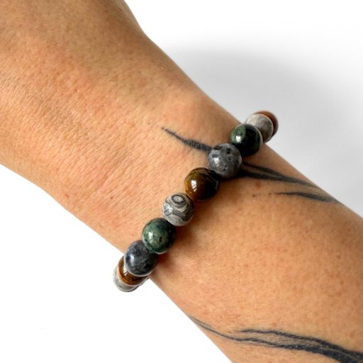 jáspis, larvikit, tigrisszem férfi ásványgyöngy karkötő