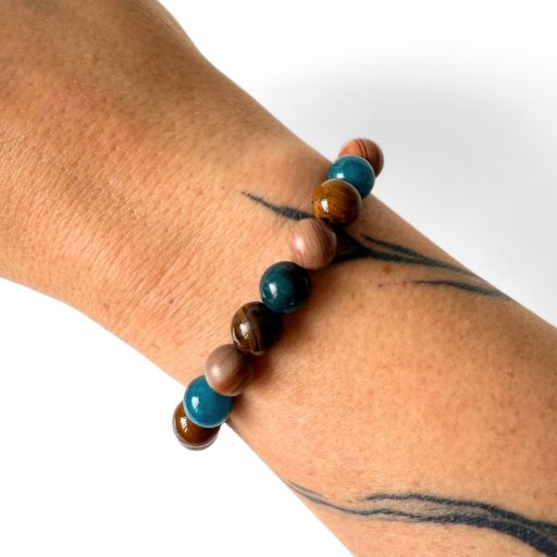 kék kvarc, barna csíkos jáspis, tigrisszem férfi ásványgyöngy karkötő