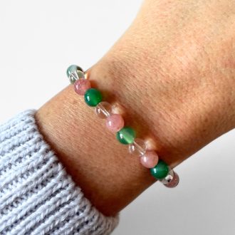 eperkvarc, hegyikristály, zöld achát női ásványgyöngy karkötő