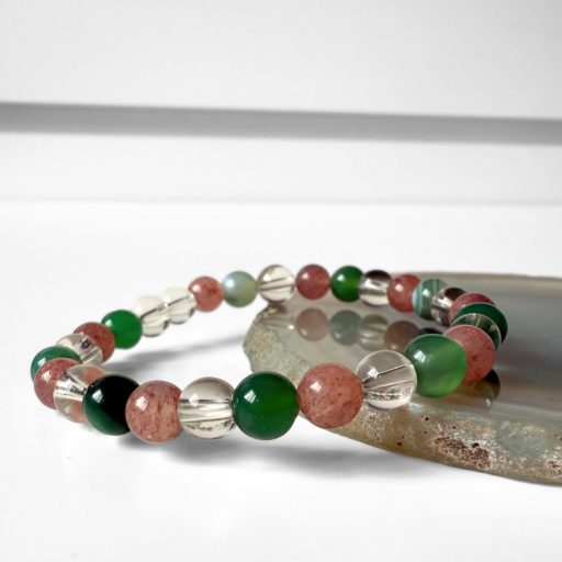 eperkvarc, hegyikristály, zöld achát női ásványgyöngy karkötő