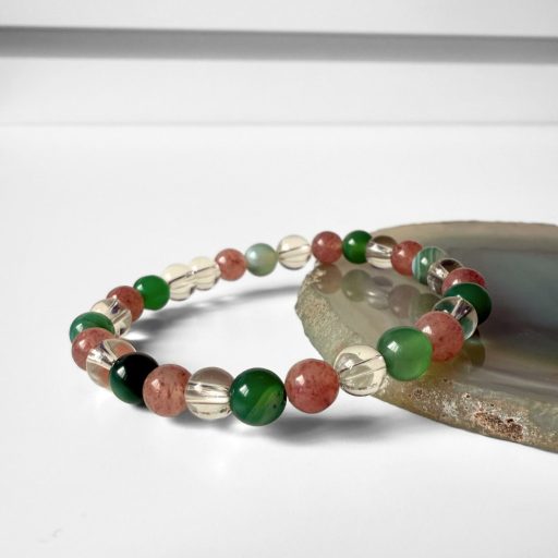 eperkvarc, hegyikristály, zöld achát női ásványgyöngy karkötő