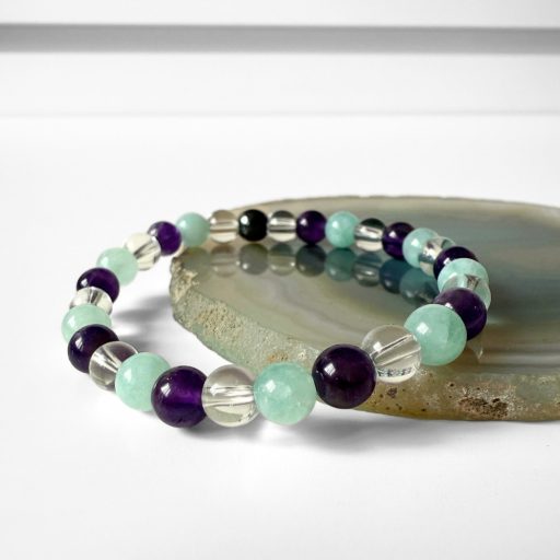 ametiszt, hegyikristály, türkiz angelit női ásványgyöngy karkötő