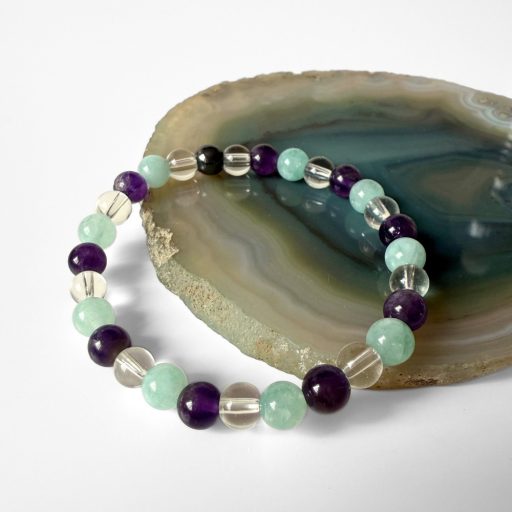 ametiszt, hegyikristály, türkiz angelit női ásványgyöngy karkötő