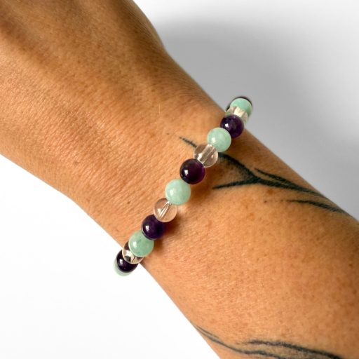 ametiszt, hegyikristály, türkiz angelit női ásványgyöngy karkötő