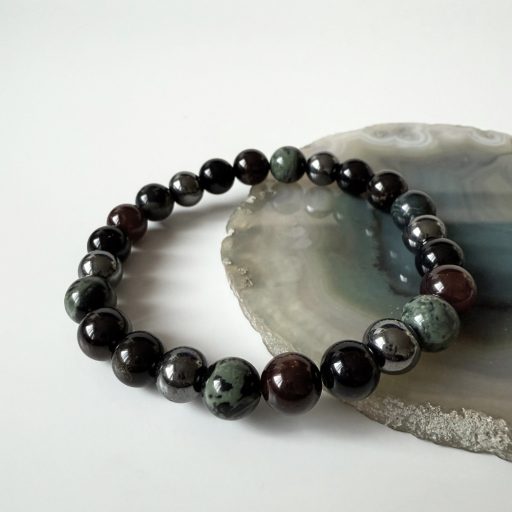 gránát, hematit, kambaba jáspis, obszidián férfi ásványgyöngy karkötő