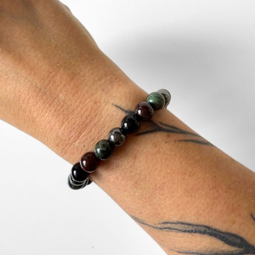 gránát, hematit, kambaba jáspis, obszidián férfi ásványgyöngy karkötő