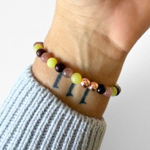 eperkvarc, gránát, sárga jade ásványgyöngy karkötő