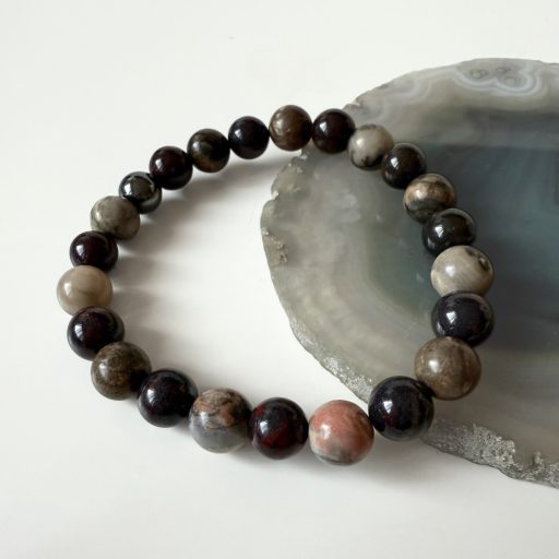 gránát, szürke rodonit férfi ásványgyöngy karkötő