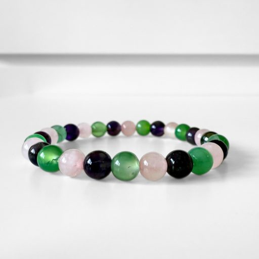 ametiszt, rózsakvarc, zöld achát női ásványgyöngy karkötő