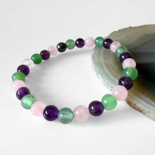 ametiszt, rózsakvarc, zöld achát női ásványgyöngy karkötő