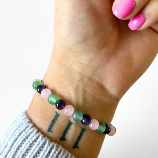 ametiszt, rózsakvarc, zöld achát női ásványgyöngy karkötő