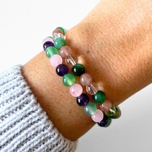 ametiszt, rózsakvarc, zöld achát női ásványgyöngy karkötő